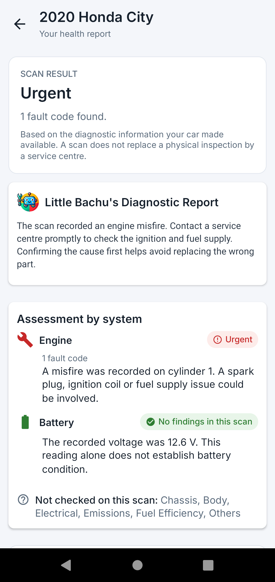 Example CarHandy report showing a scan result, Little Bachu's summary and findings by system.